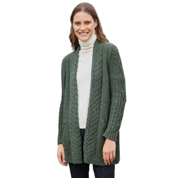 Blarney Woollen Mills Maire 100% Merino Wool Aran Forest Green Cardigan Small - Picture 1 of 11